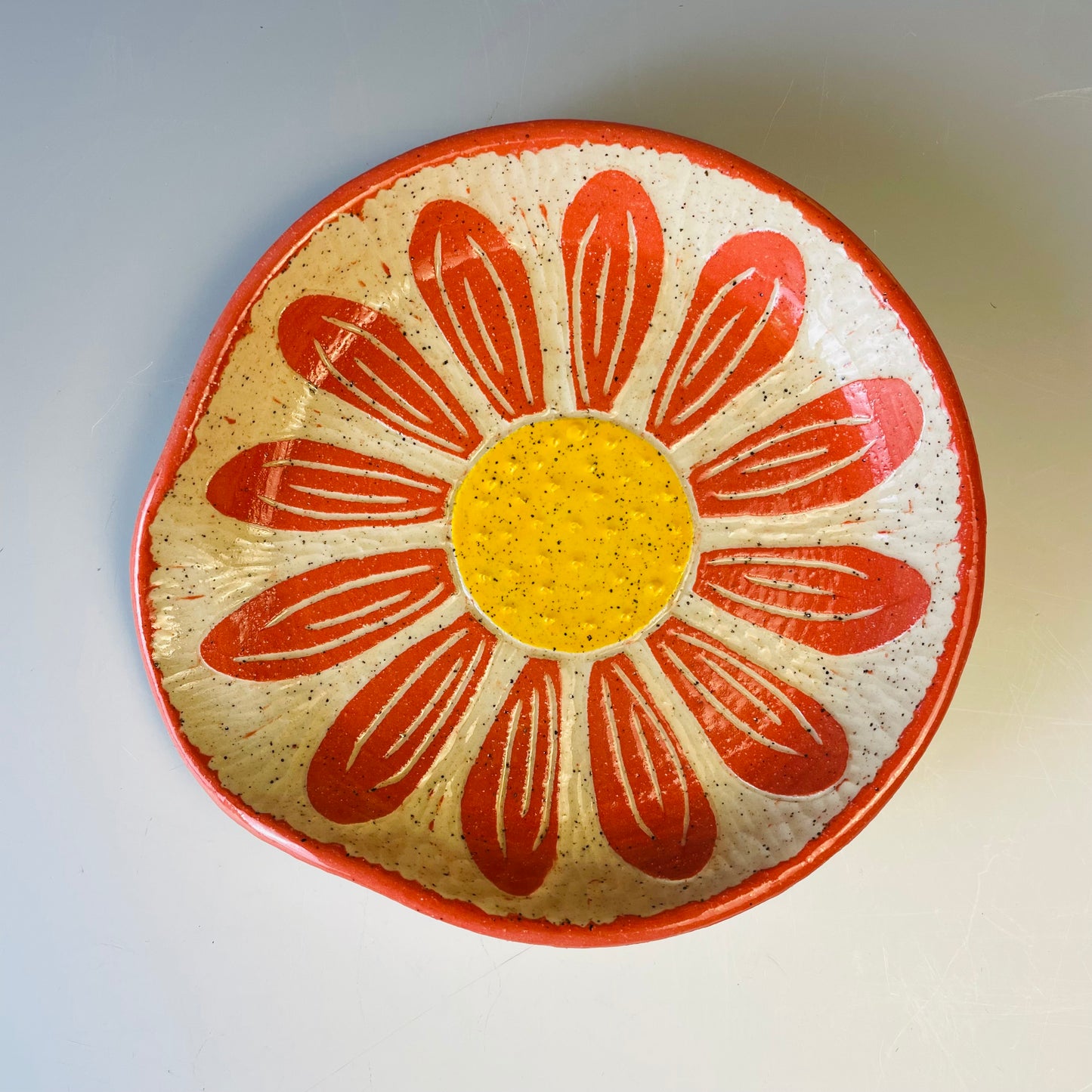 Orange Sgraffito Flower Spoonrest