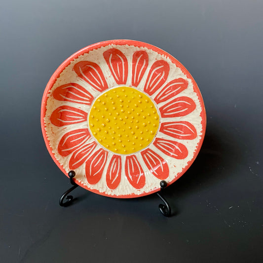 Orange Sgraffito Flower Ceramic Grater