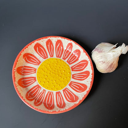 Orange Sgraffito Flower Ceramic Grater