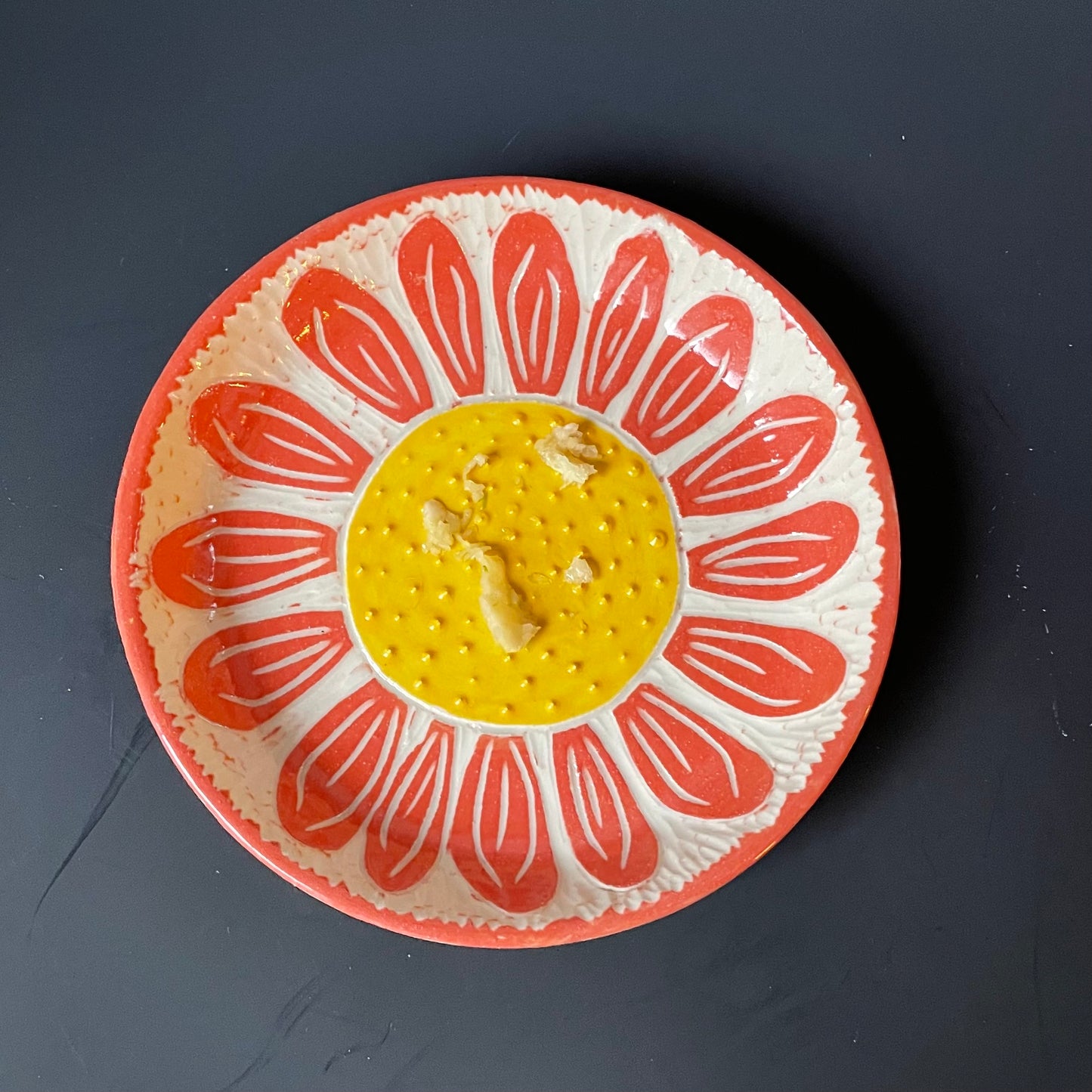 Orange Sgraffito Flower Ceramic Grater