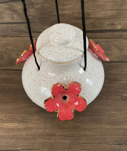 Hummingbird Feeder:  White with 3 flowers and Gold Accents