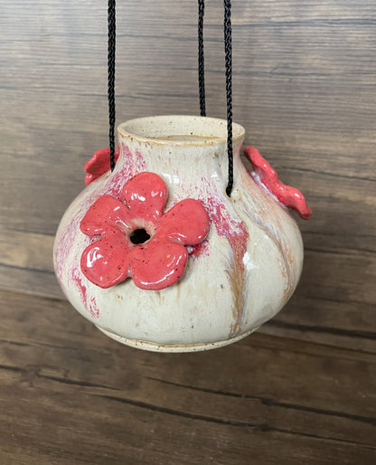 Hummingbird Feeder:  Red, White & Tan with 3 flowers