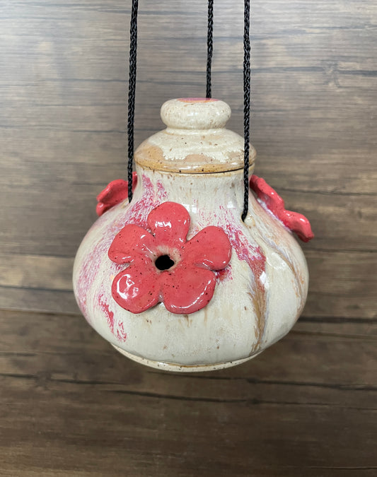 Hummingbird Feeder:  Red, White & Tan with 3 flowers